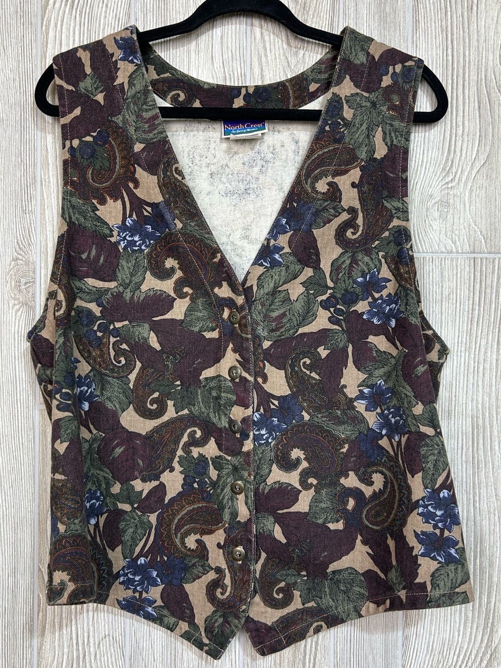Vintage Button Up Dark Floral Paisley Tapestry Pattern Vest Green Purple Size M